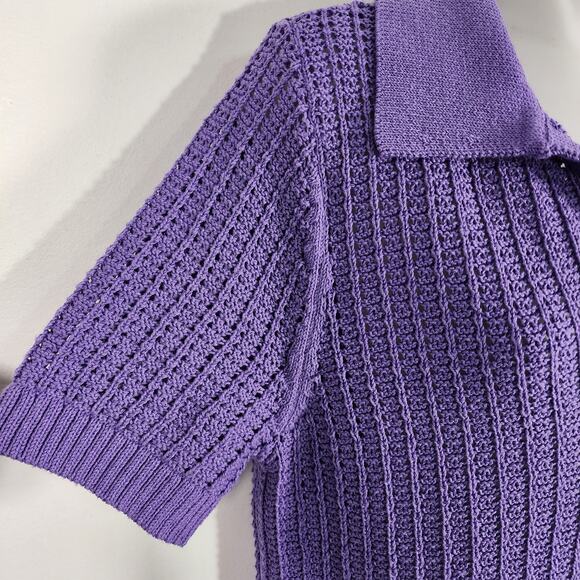 Talbots Women’s Pointelle Stitch Polo Sweater Medium Purple Open Knit Crochet - Picture 4 of 8